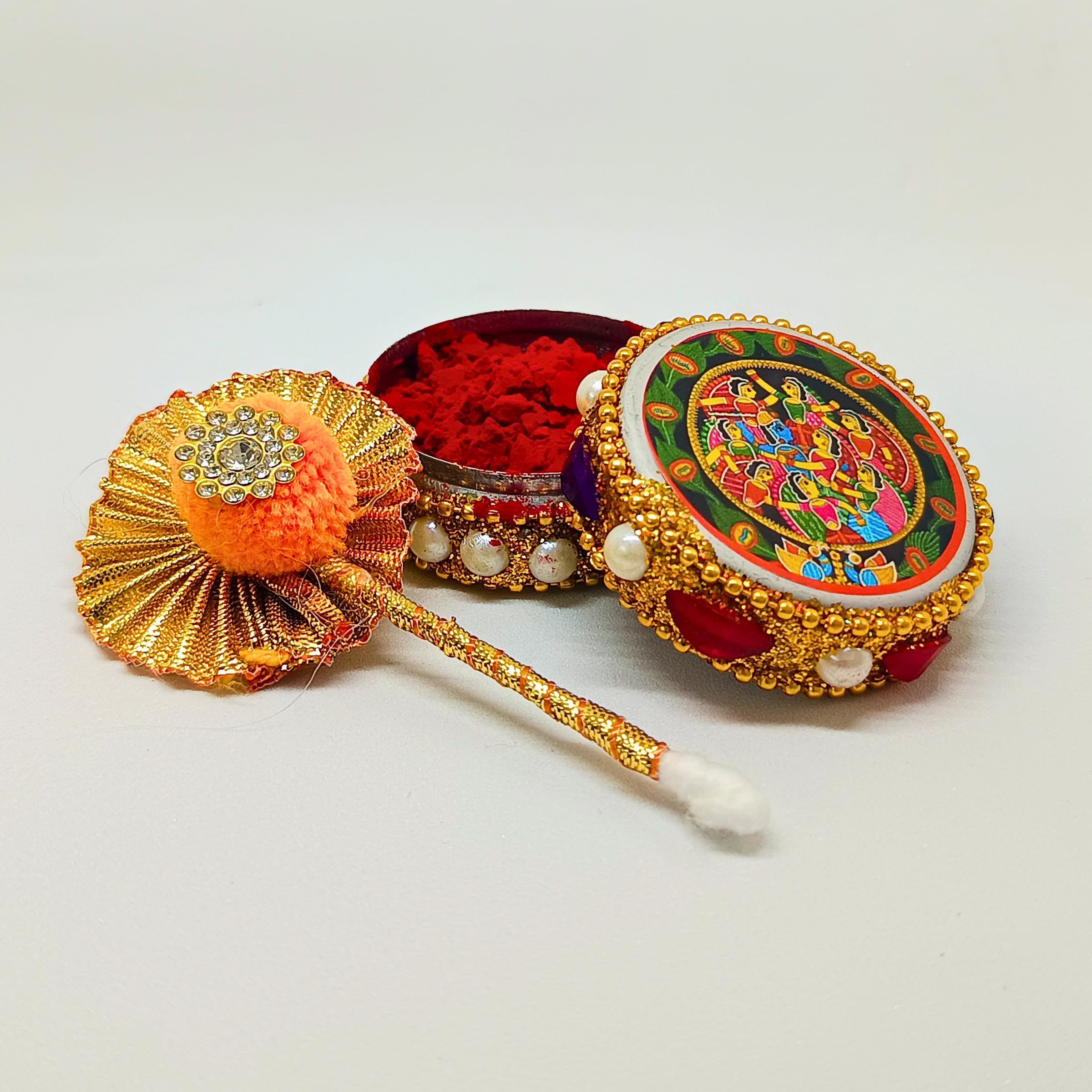 santarms Aluminium Kumkum Box with Sindoor and Stick, Designer Stone Moti Dibbi/Dabbi - Pack of 1