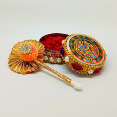 santarms Aluminium Kumkum Box with Sindoor and Stick, Designer Stone Moti Dibbi/Dabbi - Pack of 1