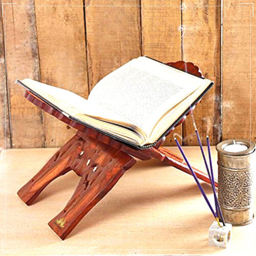 santarms Wooden holy Book Stand Reading for Geeta, Bible Stand, guru Granth Sahib, ramayan or rehal Quran Sharif - Gift Bride Bridal (12 inch)