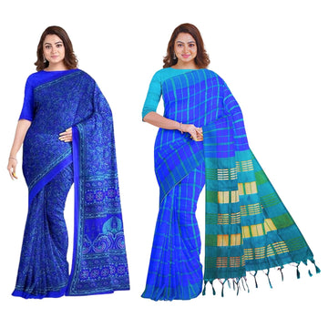 Hira Silk Cotton and Air Line Crepe Saree for Women with Unstitched Blouse Piece - Pack of 2