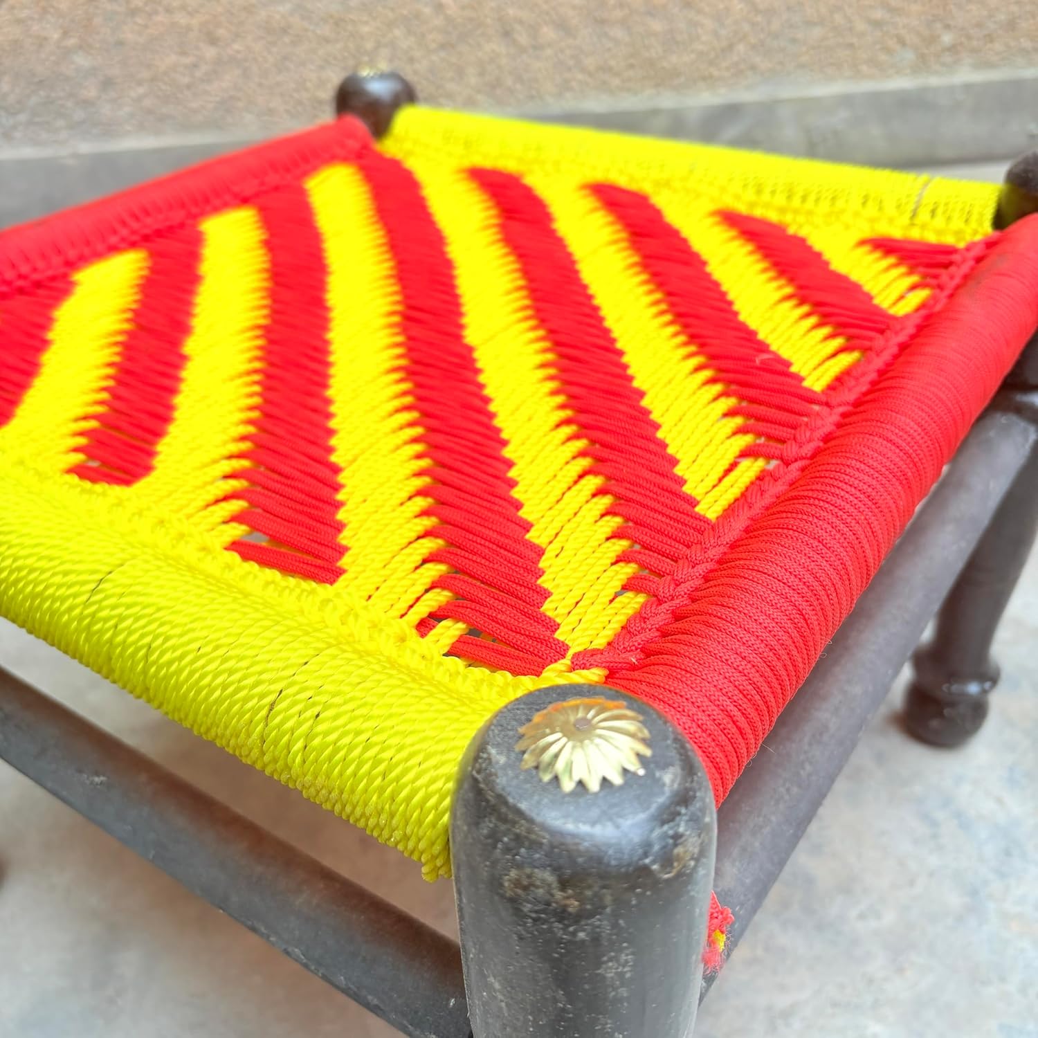 santarms Kid's Wooden Mudda Pidha Chair | Rajwadi Machiya Rest Stool | Strong Rope Woven Pidha, Handmade Khatli Rope Bajot for Pooja