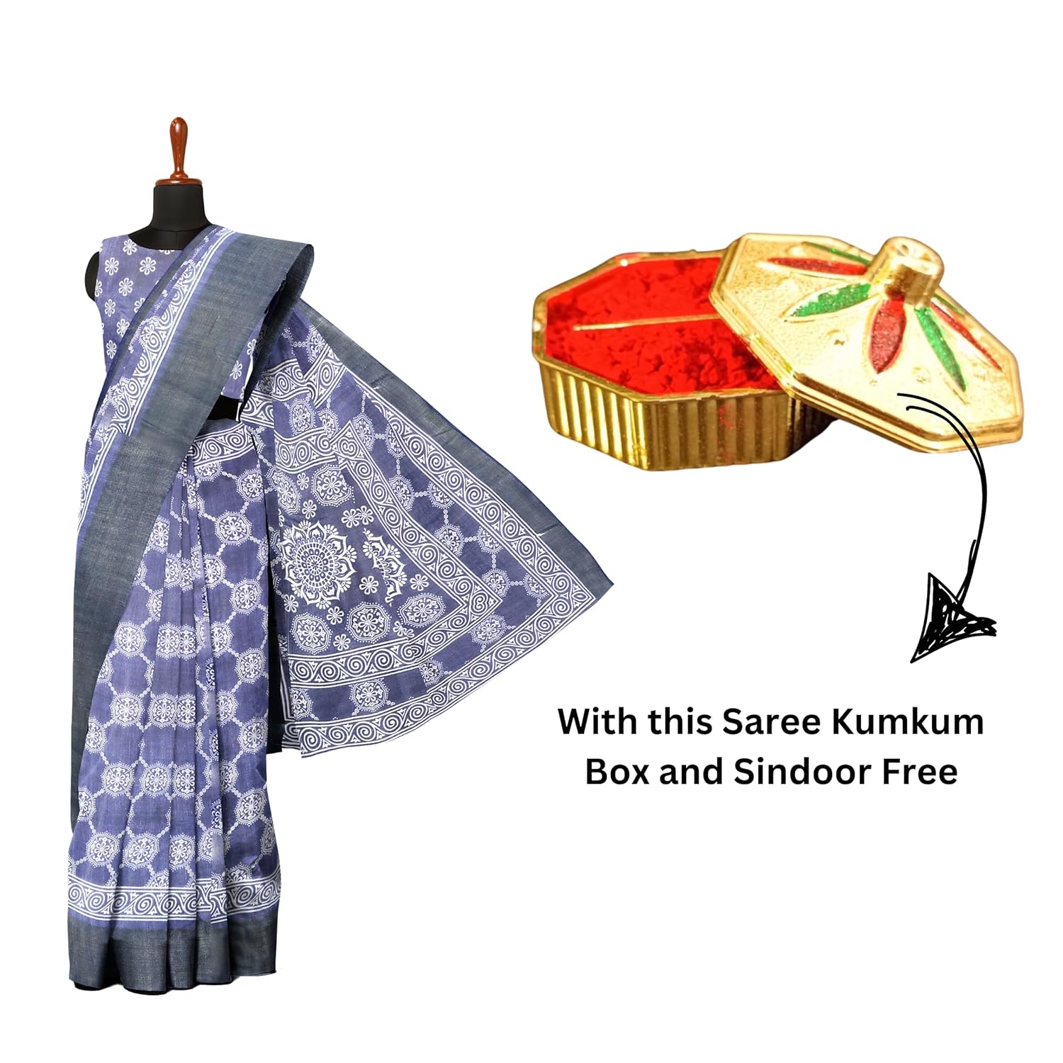 Hira Silk Cotton Saree with Unstitched Blouse, Kumkum Box and Sindoor for Women