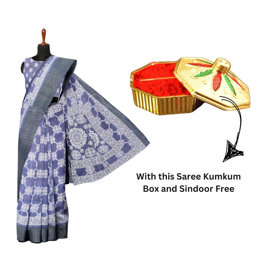 Hira Silk Cotton Saree with Unstitched Blouse, Kumkum Box and Sindoor for Women