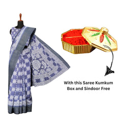 Hira Silk Cotton Saree with Unstitched Blouse, Kumkum Box and Sindoor for Women
