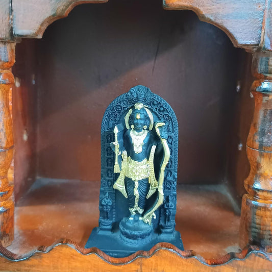 santarms Small Wooden Mandir for Home Temple with Marble Ayodhya Ram Lalla Model Idol Home, Wall Mounted Hanging Light Weight, Hindu Deity Statue, Combo Offer