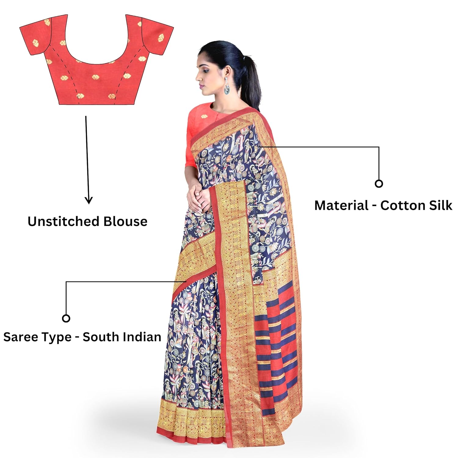 Hira Silk Chiffon and South Cotton Saree with Unstitched Blouse for Women - Pack of 2