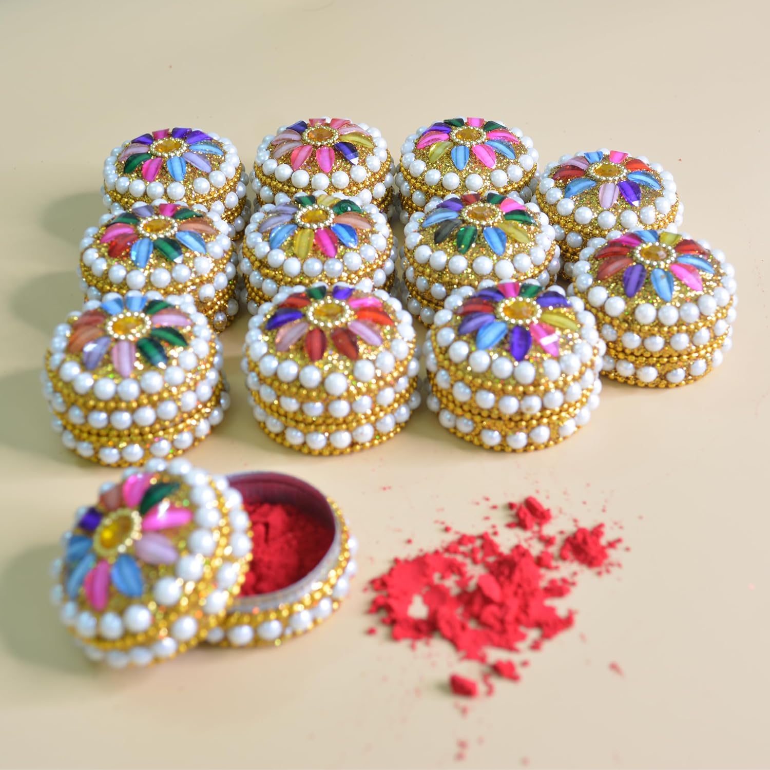 santarms Handmade Jaipuri Kumkum Box for Sindoor, Sindur Dani Moti Dibbi/Dabbi, Kumkum Small Storage Box with Sindor and Stick - Pack of 12