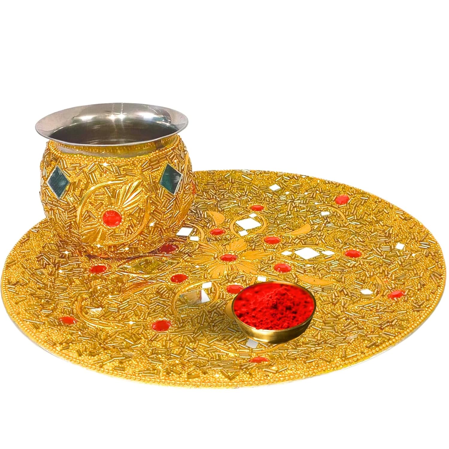 Santarms Karva Chauth Thaali Set Elegant Beaded Thali Combo with Kalash Chalni Diya Singhora Sindoor Box Includes 10 Grams of Red Sindoor Traditional and Decorative for Celebrating