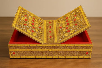 Santarms Handmade Wooden Geeta Box with Foldable Stand, Universal Book Holder for Bhagwat Geeta, Ramayan, and Pooja Path, Decorative Golden Wood Book Stand Box for Home Temple