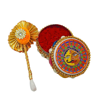 santarms Aluminium Kumkum Box with Sindoor and Stick, Designer Stone Moti Dibbi/Dabbi - Pack of 1