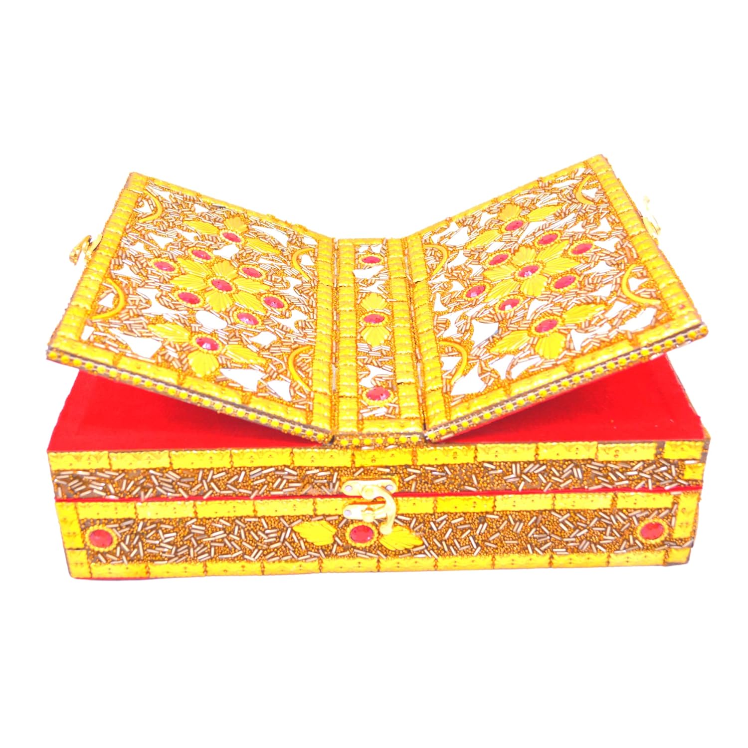 Santarms Handmade Wooden Geeta Box with Foldable Stand, Universal Book Holder for Bhagwat Geeta, Ramayan, and Pooja Path, Decorative Golden Wood Book Stand Box for Home Temple
