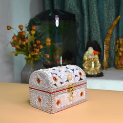 santarms Wooden Jewellery Box with Lock, White Vanity with Beads Work Craft, Handmade Shringar Box for Women, Wedding, Dulhan, Valentine Gift, Makeup Storage Box - Pack of 1