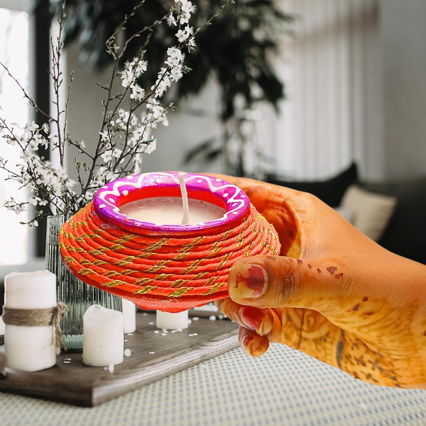 Santarms Terracotta Diya Set Wax Filled Earthen Mitti Matki Diyas Combo Pack for Festive Home Decor and Traditional Celebrations 2 Piece Jashmin Fragrance Scented Candles 2hours