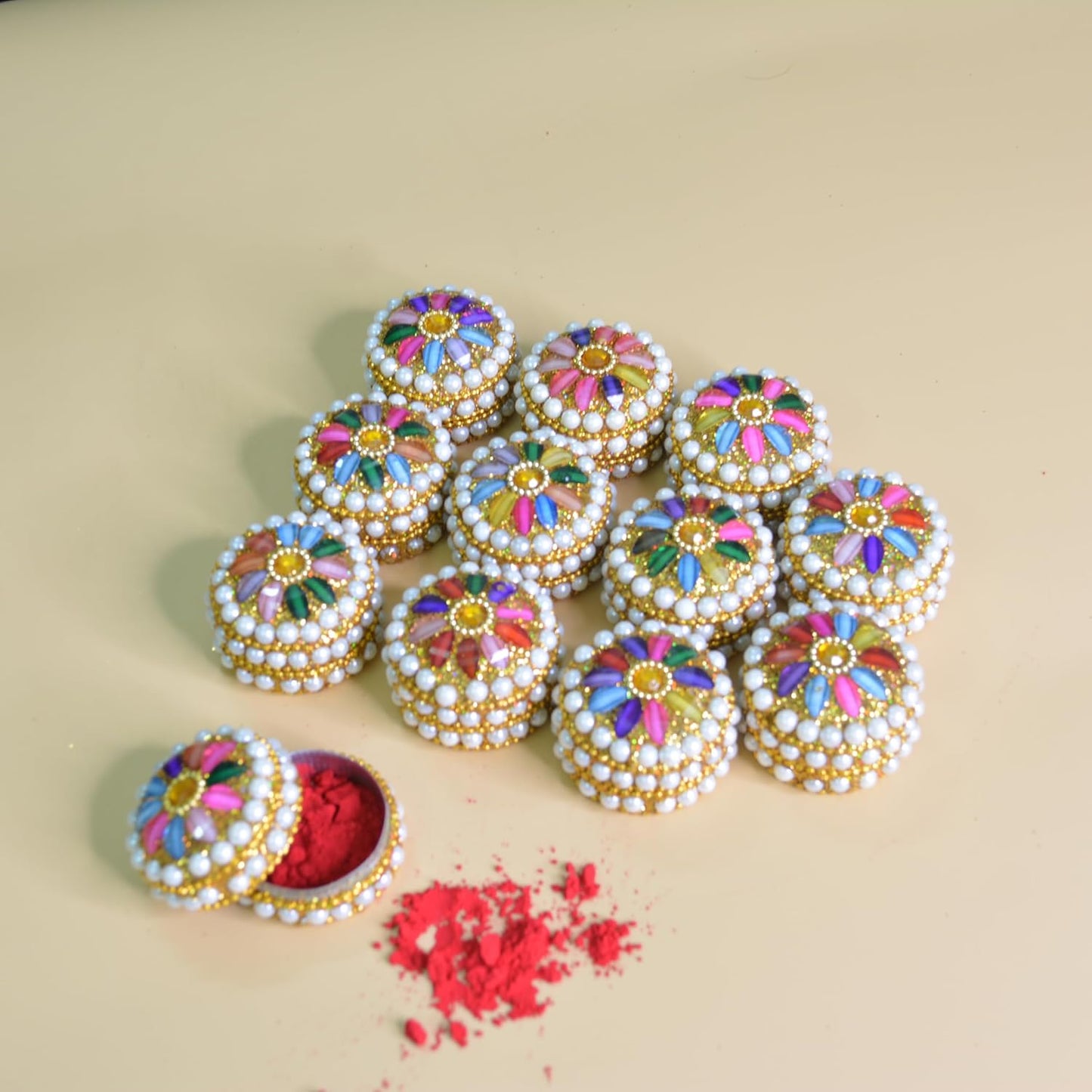 santarms Handmade Jaipuri Kumkum Box for Sindoor, Sindur Dani Moti Dibbi/Dabbi, Kumkum Small Storage Box with Sindor and Stick - Pack of 12