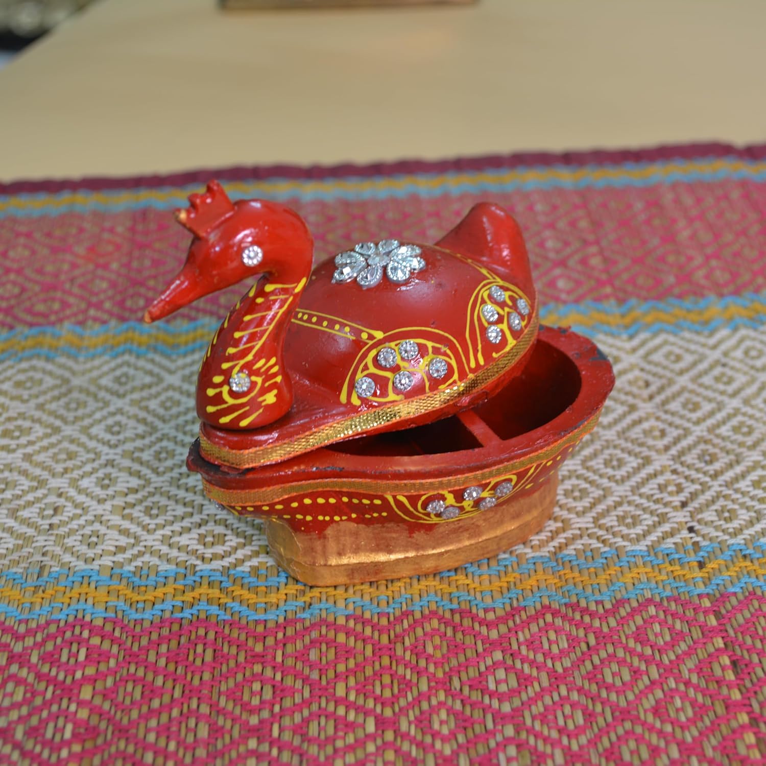 santarms Duck Shape Meenakari Kumkum Box | Tika Chopra with Roli Chawal Tilak Stick | Akshat Haldi Wooden Chopda for Pooja, Gift & Home Décor (Red) PACK OF 1