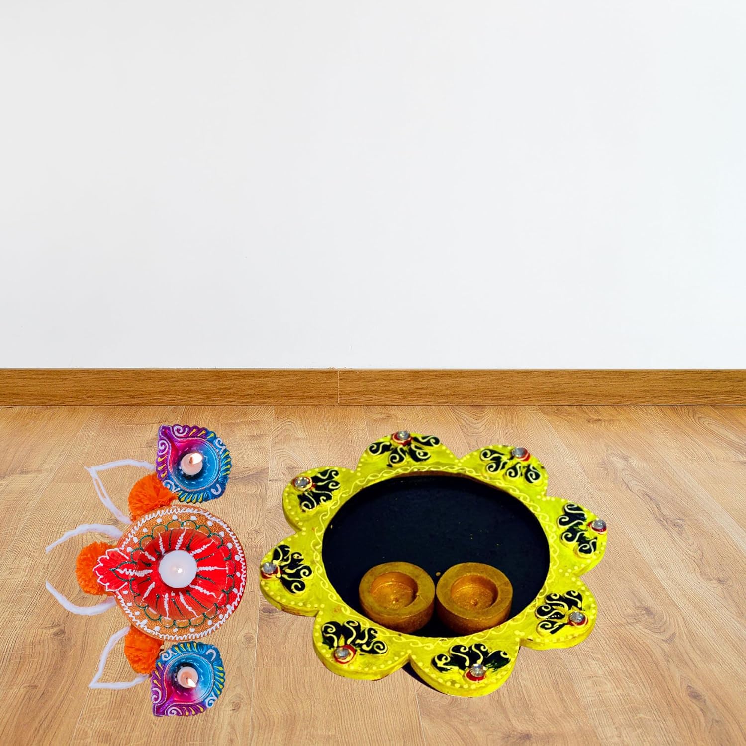 santarms "Wooden Pooja Thali for Puja and Rakhi - Handcrafted Flower Shape Yellow Thali, Perfect for Tilak and Rituals | Elegant and Decorative Pooja Plate | Pack of 1