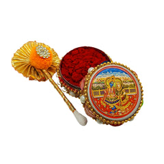 santarms Aluminium Kumkum Box with Sindoor and Stick, Designer Stone Moti Dibbi/Dabbi - Pack of 1