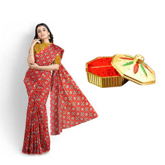 Hira Silk Printed Saree for Women, Tussar Silk Saree/Sari with Unstitched Blouse Piece, Kumkum Box and Red Sindoor