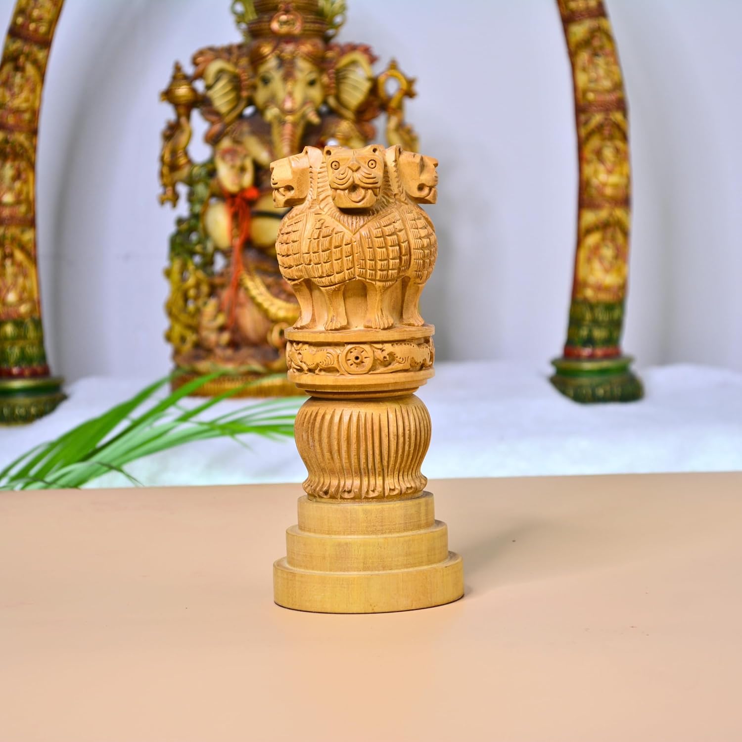 santarms Wooden Ashoka Stambh | Pillar Ideal for Indian Office & Home Decor Showpiece Advocate Accessories Items Gifts Best Gifting Gift Ashok Pillara Stand Car Statue - 6 Inch