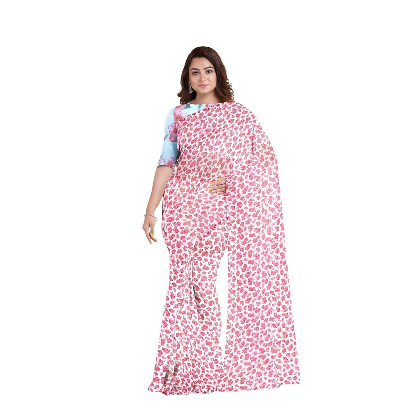Hira Silk Organza Saree for Women,Printed Shiny Sari with Unstitched Blouse Piece