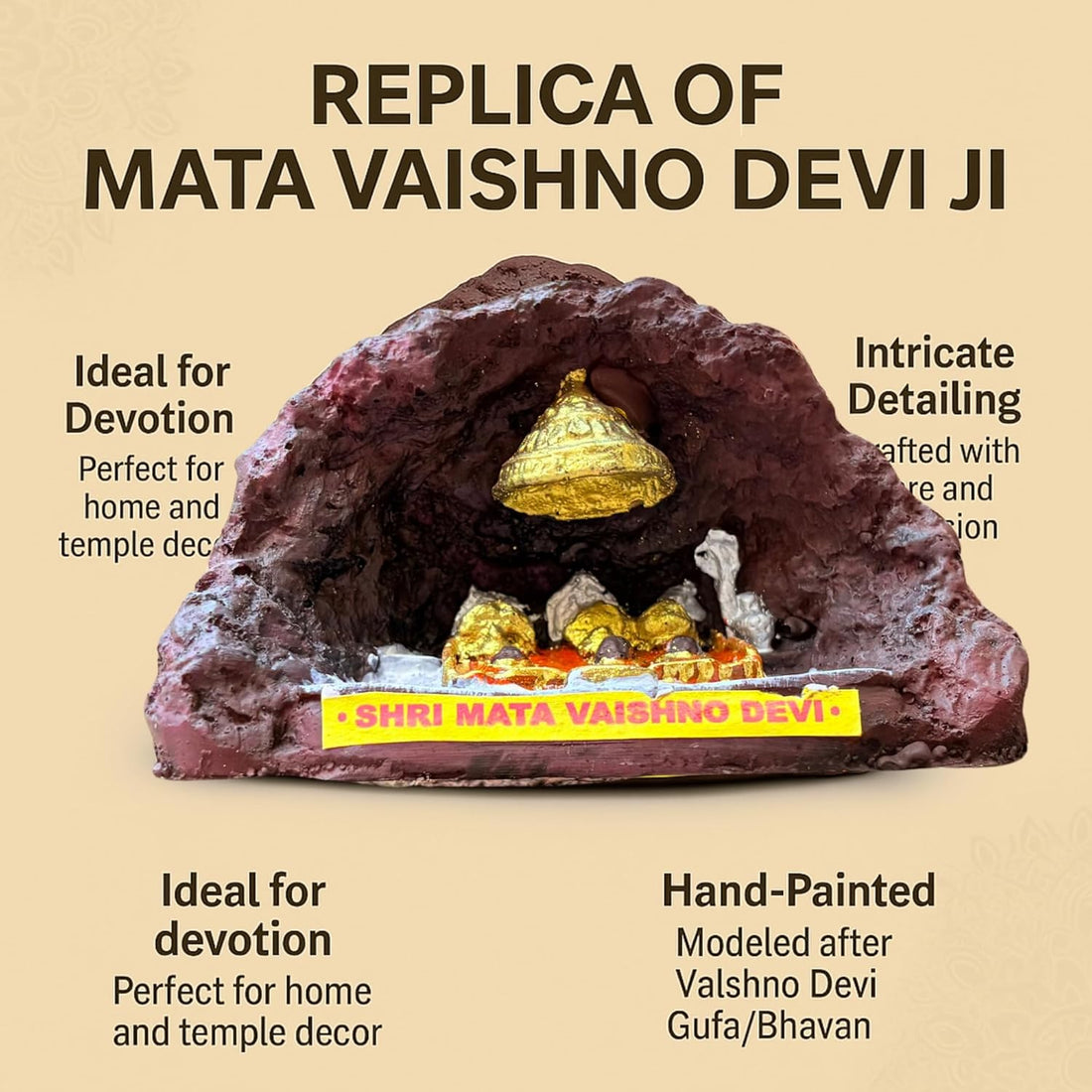 santarms Handmade MATA Vaishno Devi Ji Idol - Divine Vaishno Devi Gufa Statue Resin Craft for Religious Worship & Home Temple Decor for Devotees (Jammu & Kashmir)