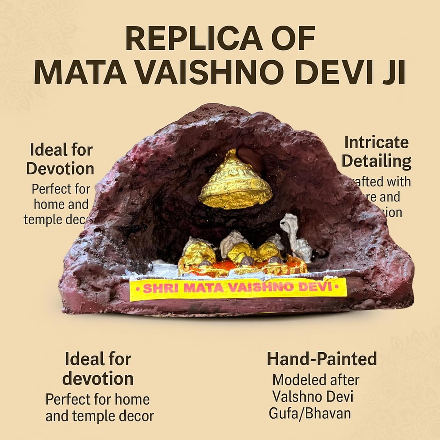 santarms Handmade MATA Vaishno Devi Ji Idol - Divine Vaishno Devi Gufa Statue Resin Craft for Religious Worship & Home Temple Decor for Devotees (Jammu & Kashmir)