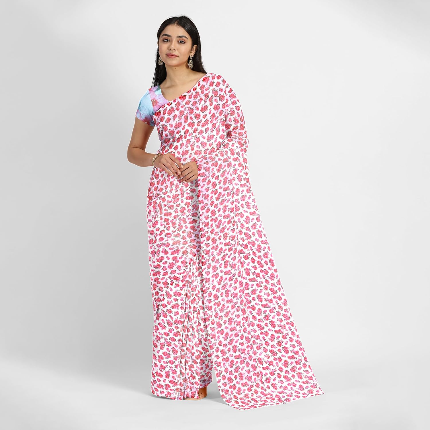Hira Silk Organza Saree for Women,Printed Shiny Sari with Unstitched Blouse Piece