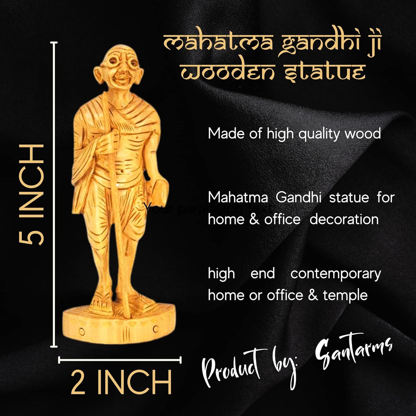 santarms Handmade Wooden Gandhi ji Statue Idol showpiece (12.5 cm) Indian Sculpture Art - Mahatma Gandhi Bapu