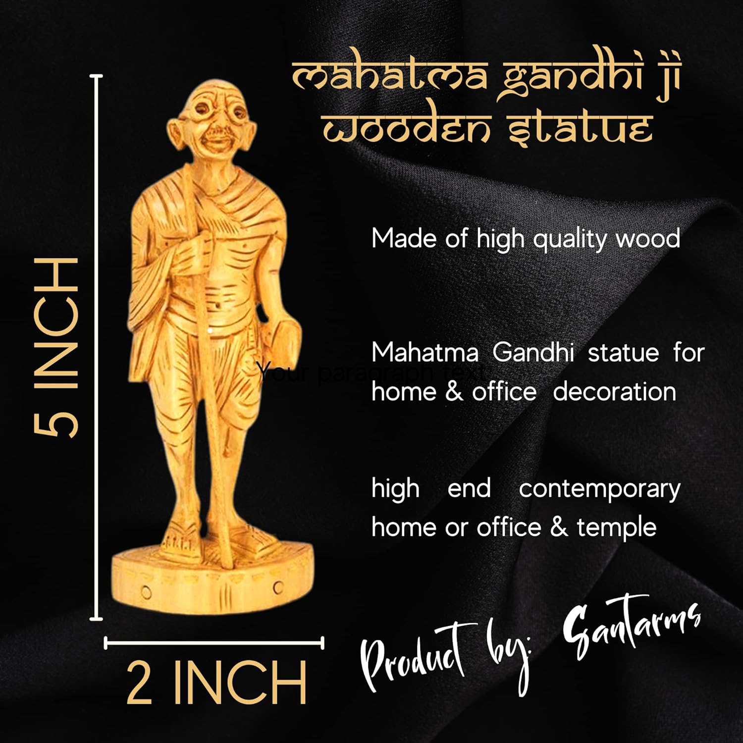 santarms Handmade Wooden Gandhi ji Statue Idol showpiece (12.5 cm) Indian Sculpture Art - Mahatma Gandhi Bapu