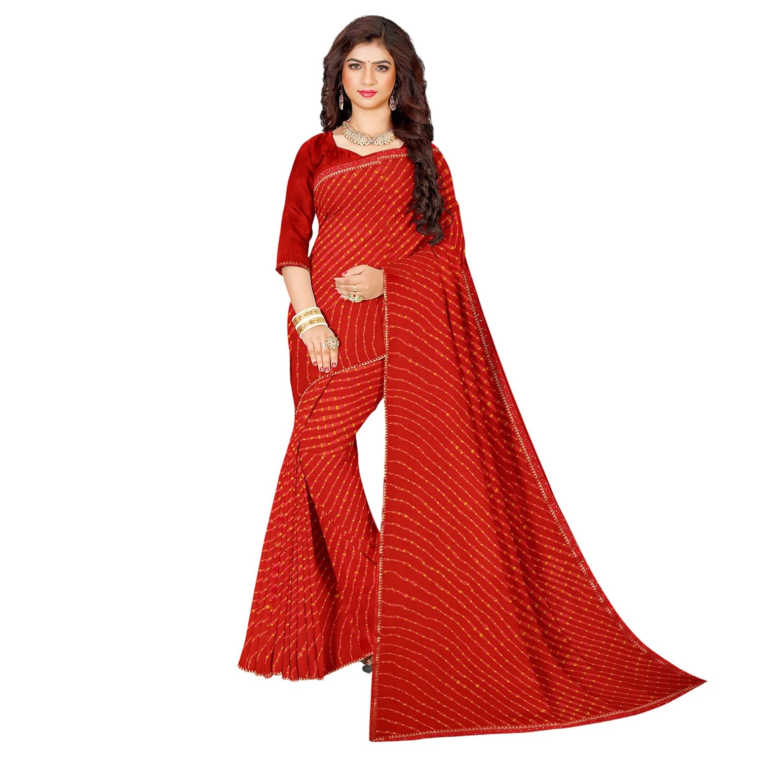 Hira Silk Women's Printed Chiffon Saree, Saree/Sari with Unstitched Blouse Piece for Women, Red
