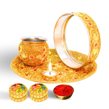 Santarms Karva Chauth Thaali Set Elegant Beaded Thali Combo with Kalash Chalni Diya Singhora Sindoor Box Includes 10 Grams of Red Sindoor Traditional and Decorative for Celebrating