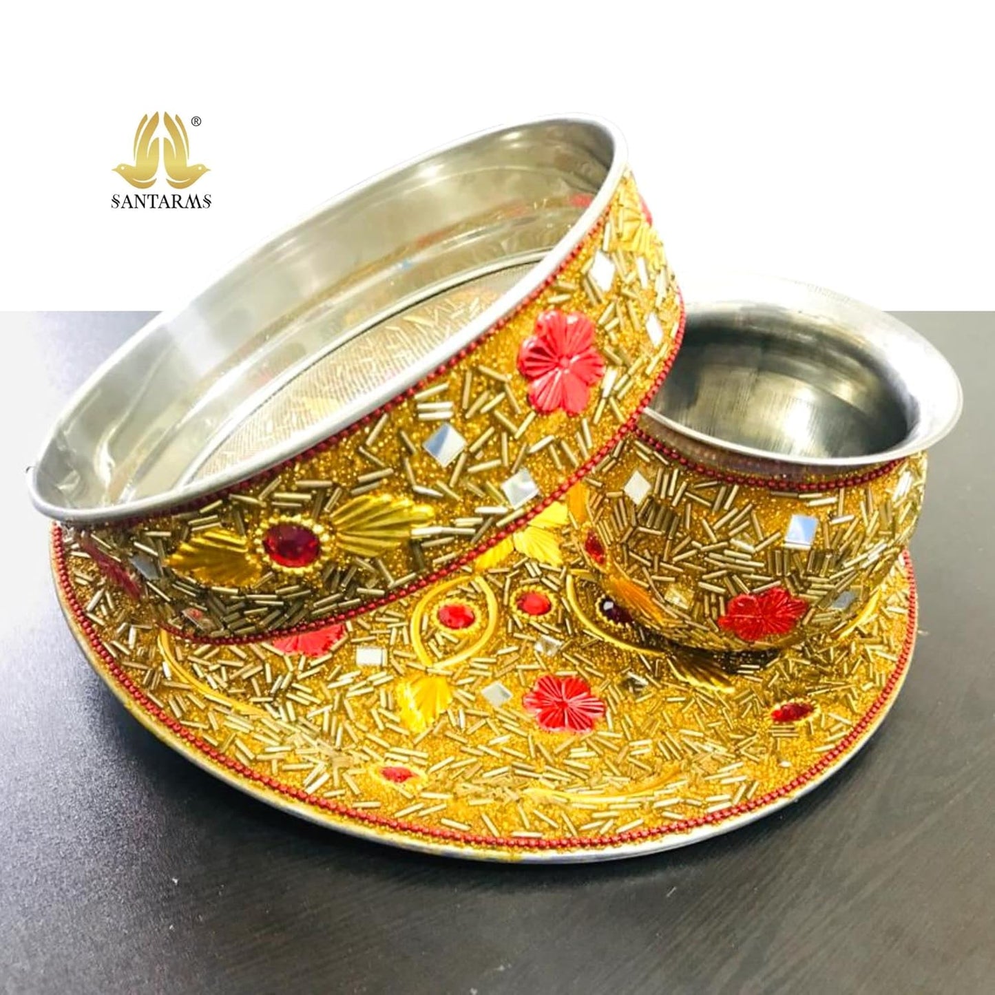 Santarms Karva Chauth Thali, Lota, Kalash Set for Pooja Decorative Items - Pack of 1