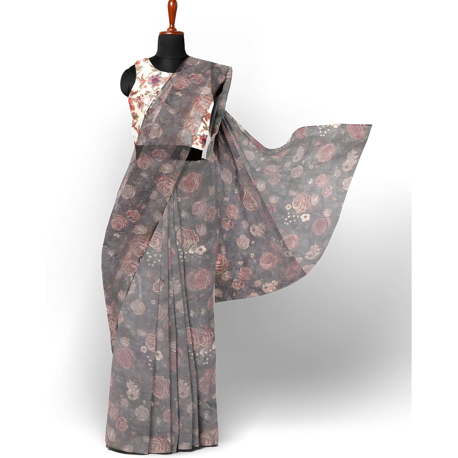 Hira Silk Organza Saree for Women, Printed Sari with Unstitched Blouse Piece for Woman