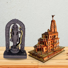 santarms Ayodhya Ram Mandir Model with Ram Lall Idol Wood Mandir Religious of Shree Ram Janambhumi Design Decorative Wooden Temple for Home, Office Décor Gift Item