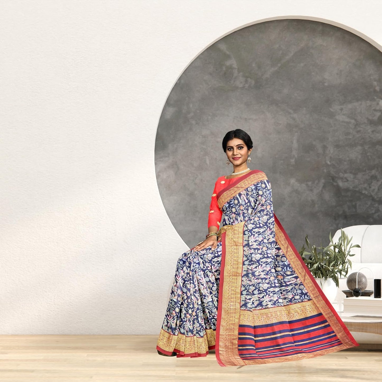 Hira Silk South Cotton Saree with Unstitched Blouse, Kumkum Box and Sindur for Women