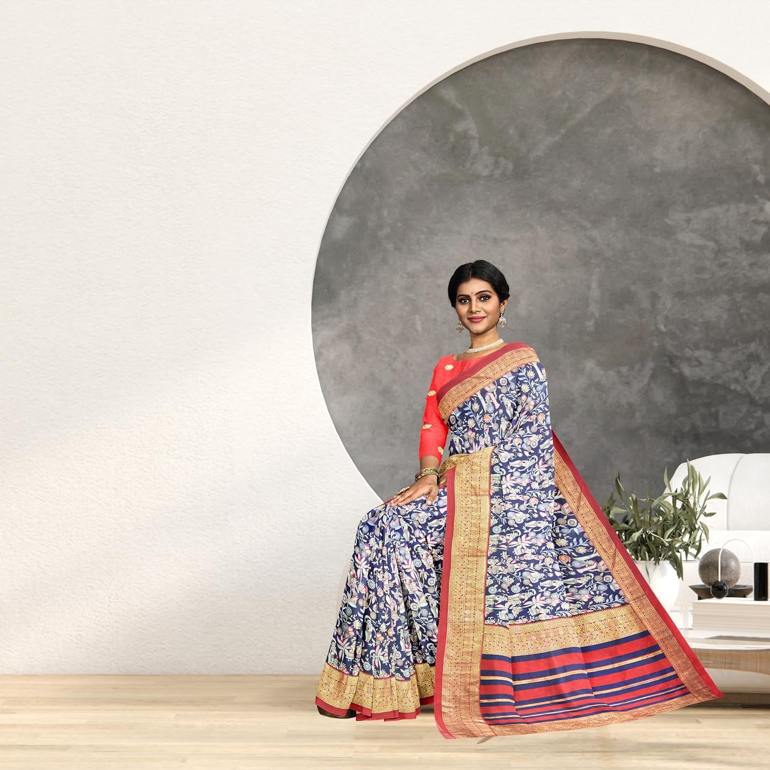 Hira Silk South Cotton Saree with Unstitched Blouse, Kumkum Box and Sindur for Women