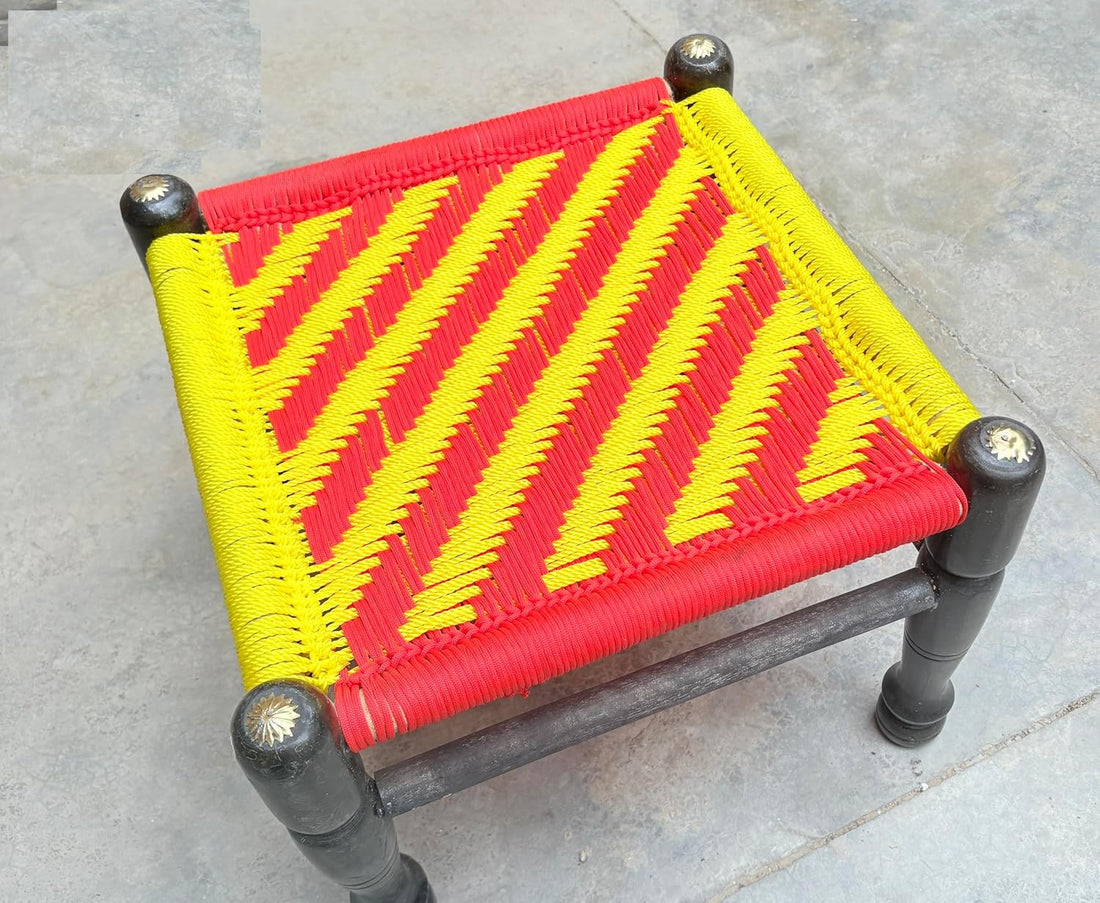 santarms Kid's Wooden Mudda Pidha Chair | Rajwadi Machiya Rest Stool | Strong Rope Woven Pidha, Handmade Khatli Rope Bajot for Pooja