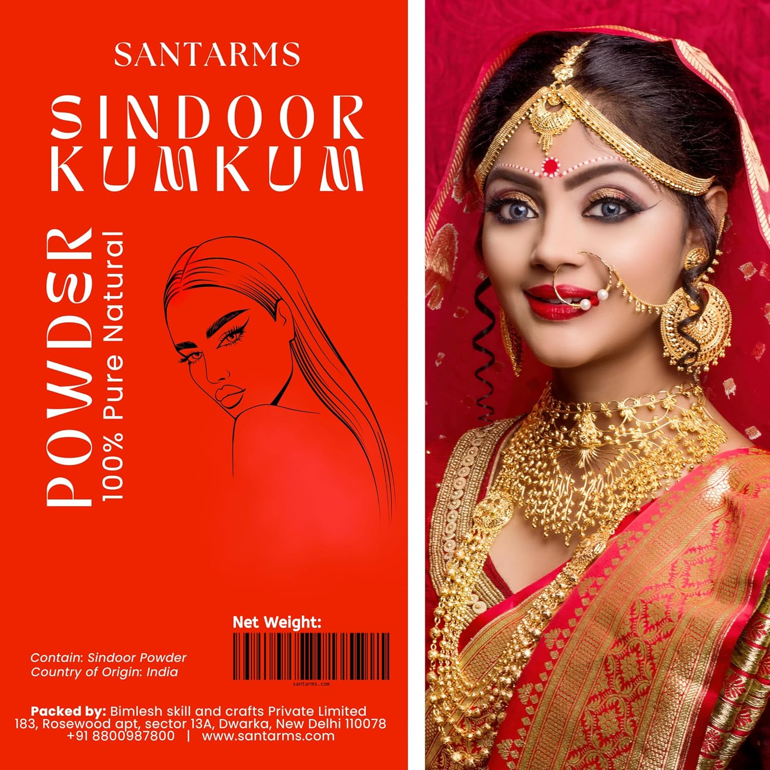 Santarms A++ Natural Organic Sindoor, Red Sindoor Kumkum Powder Box for Women Suhaag Sindur Daily Use, Weddings, and Pooja Skin-Safe, Chemical-Free, Long-Lasting, (Large, 100, gram)