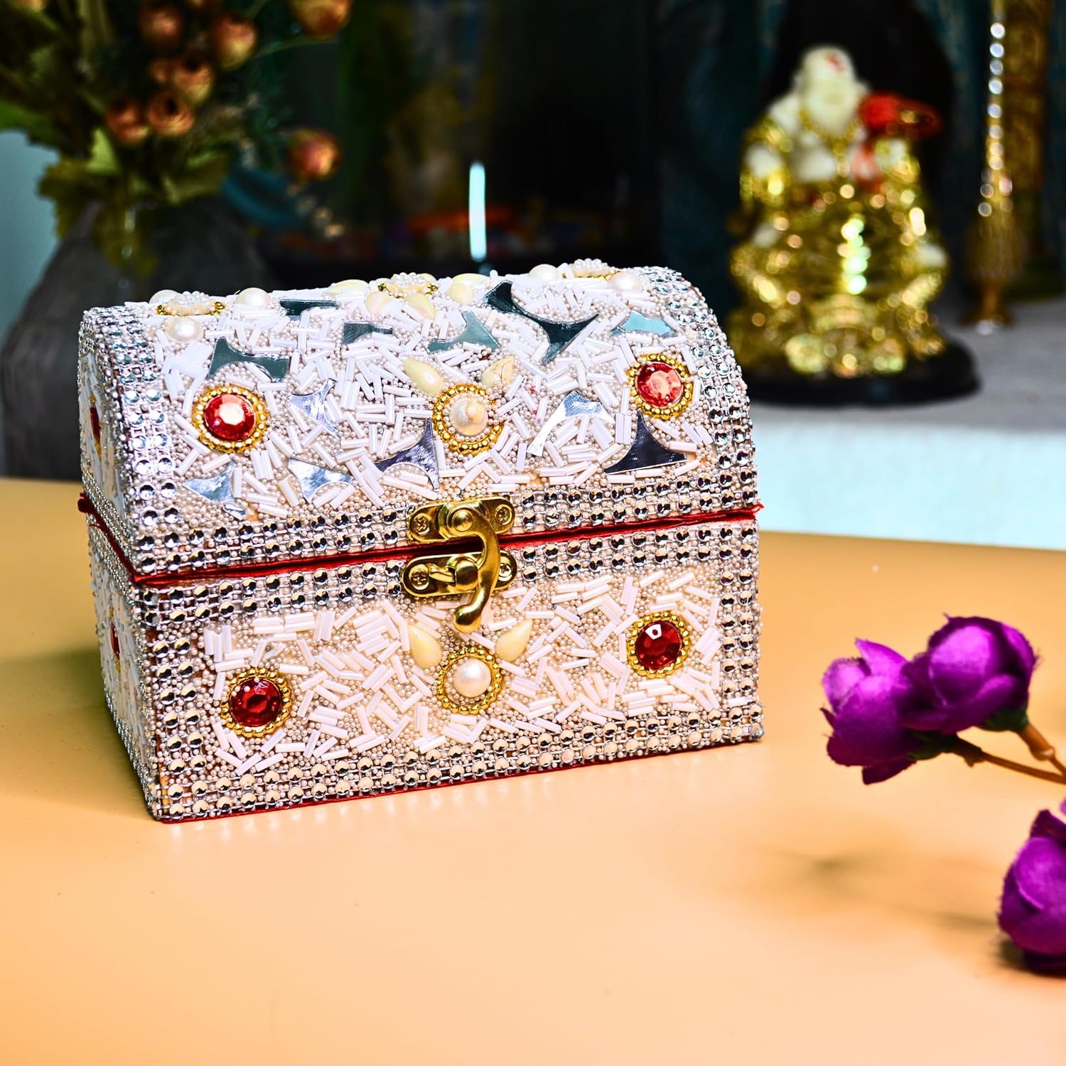 santarms Wooden Jewellery Box with Lock, White Vanity with Beads Work Craft, Handmade Shringar Box for Women, Wedding, Dulhan, Valentine Gift, Makeup Storage Box - Pack of 1
