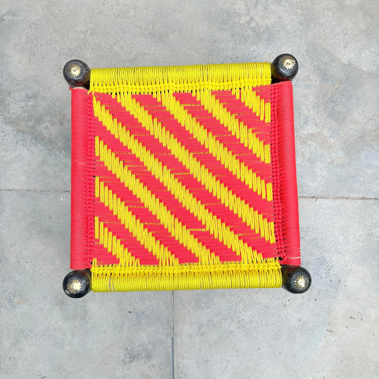 santarms Kid's Wooden Mudda Pidha Chair | Rajwadi Machiya Rest Stool | Strong Rope Woven Pidha, Handmade Khatli Rope Bajot for Pooja