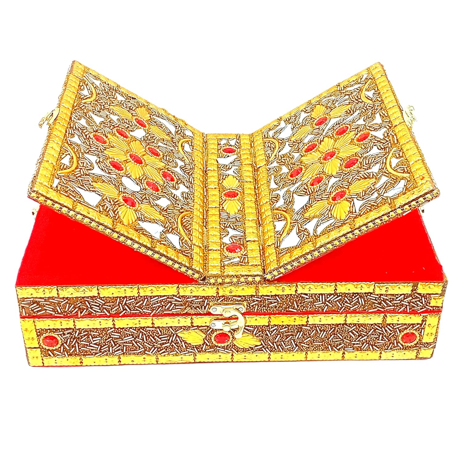 Santarms Handmade Wooden Geeta Box with Foldable Stand, Universal Book Holder for Bhagwat Geeta, Ramayan, and Pooja Path, Decorative Golden Wood Book Stand Box for Home Temple