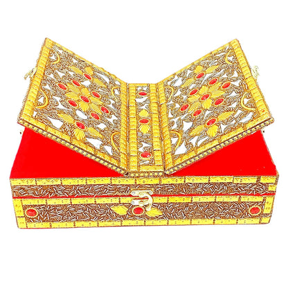 Santarms Handmade Wooden Geeta Box with Foldable Stand, Universal Book Holder for Bhagwat Geeta, Ramayan, and Pooja Path, Decorative Golden Wood Book Stand Box for Home Temple