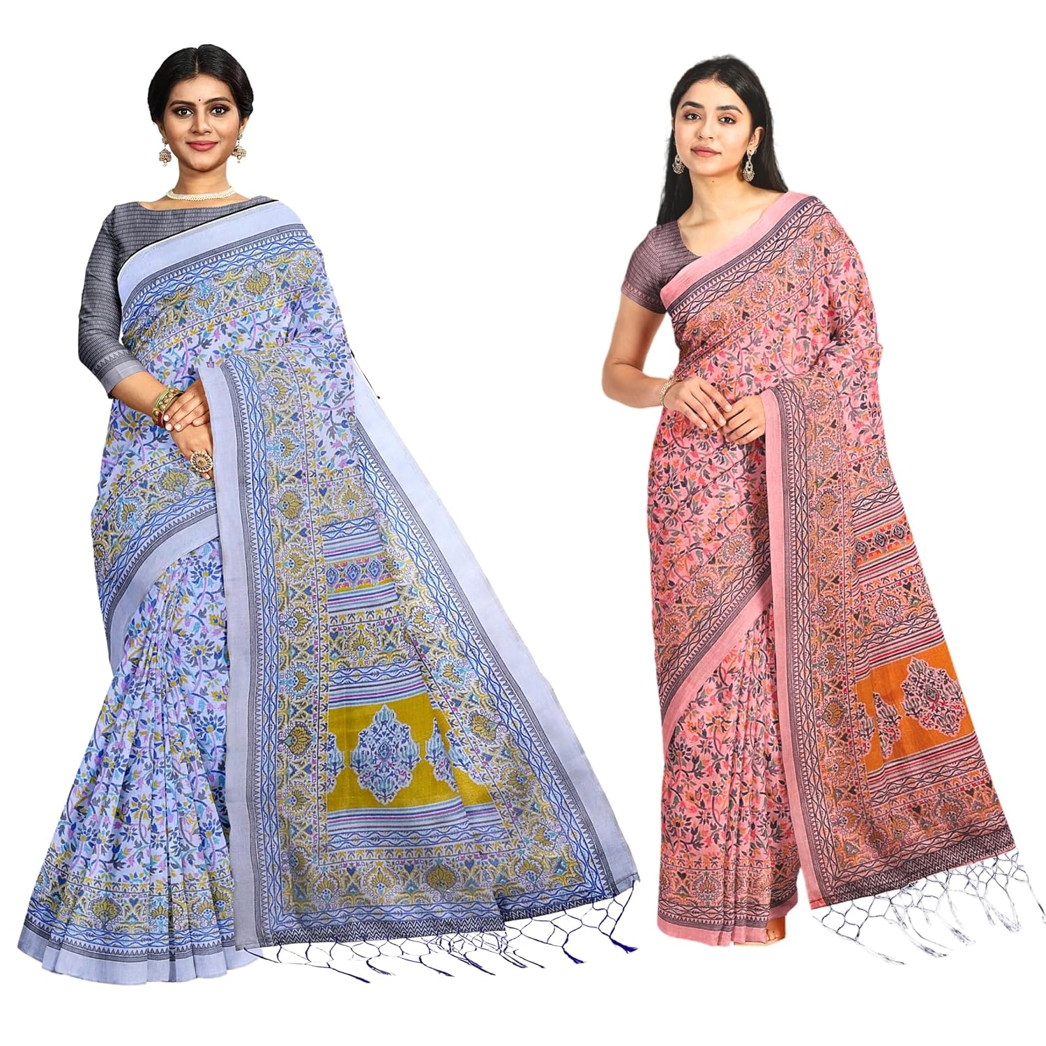 Hira Silk Kalamkari Saree for Women with Unstitched Blouse Piece - Pack of 2