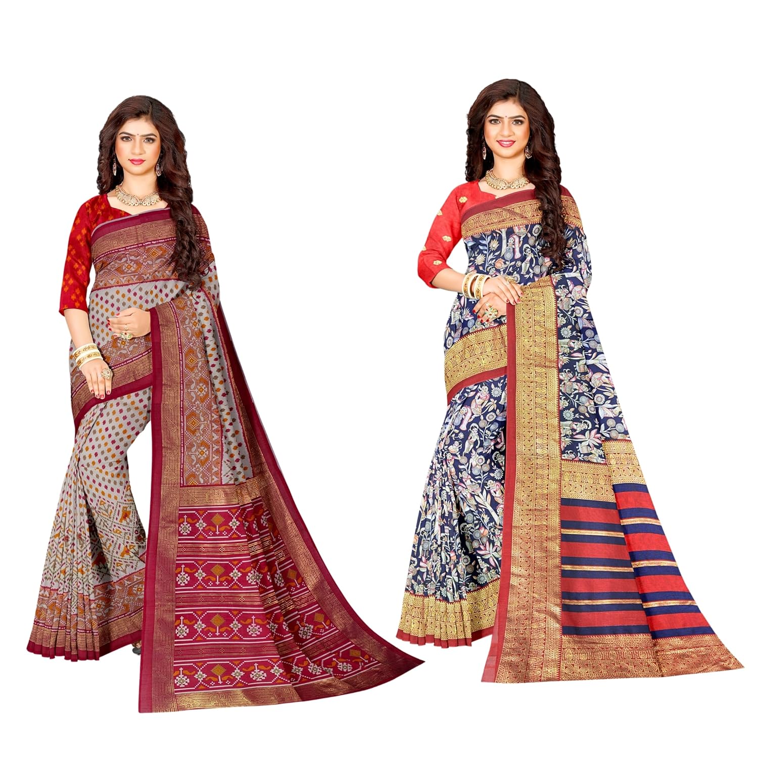 Hira Silk South Cotton Saree with Unstitched Blouse for Women - Pack of 2