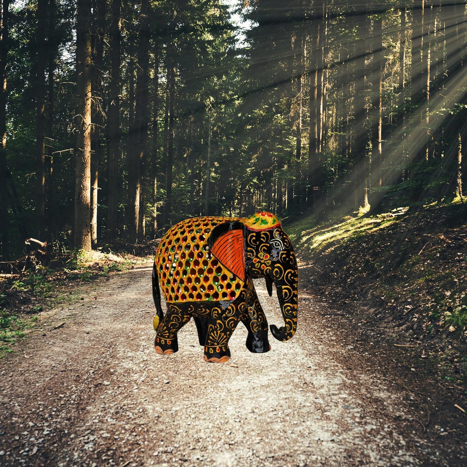 santarms Handcraft Wooden Jali Elephant(16 cm) (Multicolour)-Home Decor/Table Decor/Office Decor-Handicraft Sculpture Animal Show Piece Art & Craft Decoration fingurine-Best for Gifting