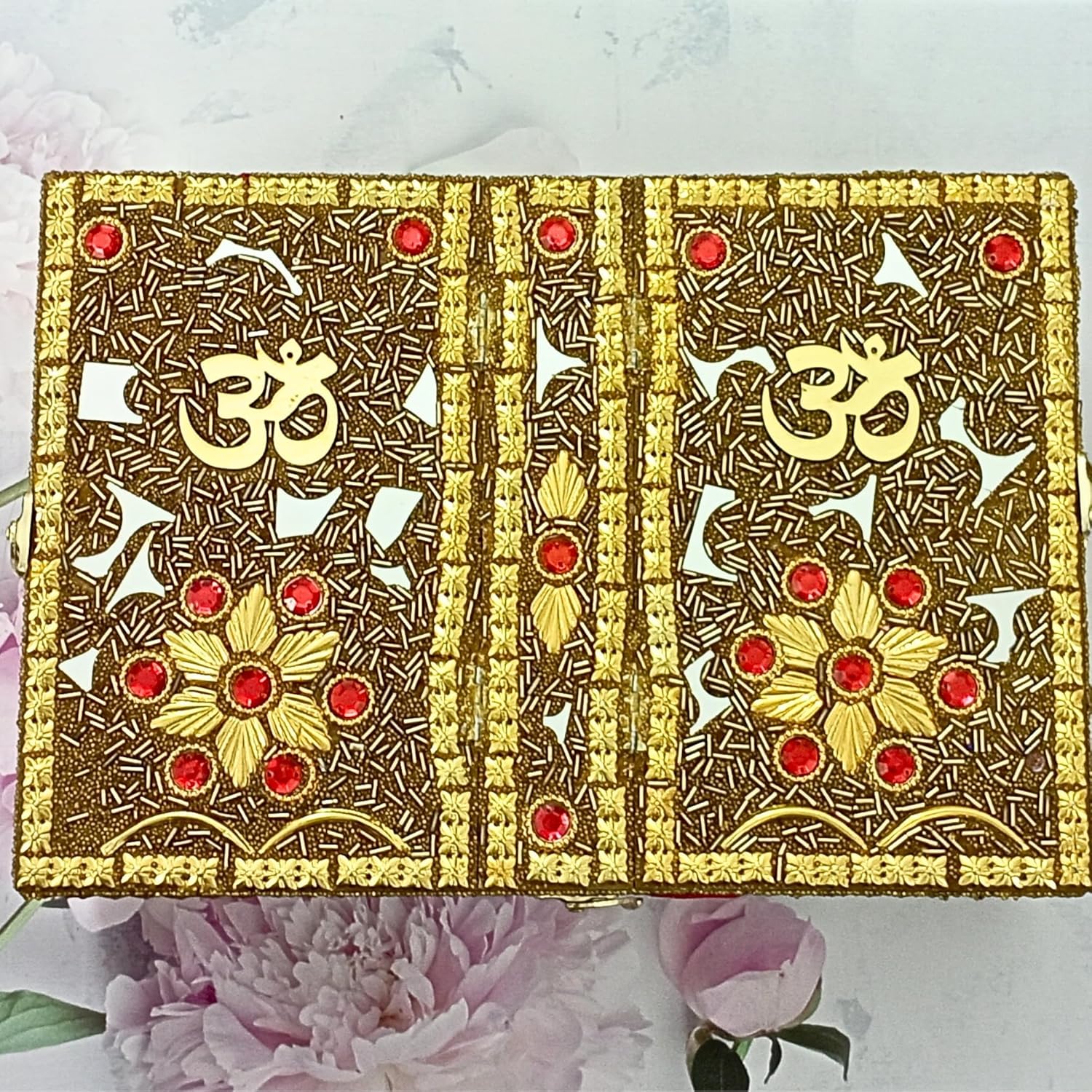 Santarms Handmade Wooden Geeta Box with Foldable Stand, Universal Book Holder for Bhagwat Geeta, Ramayan, and Pooja Path, Decorative Golden Wood Book Stand Box for Home Temple