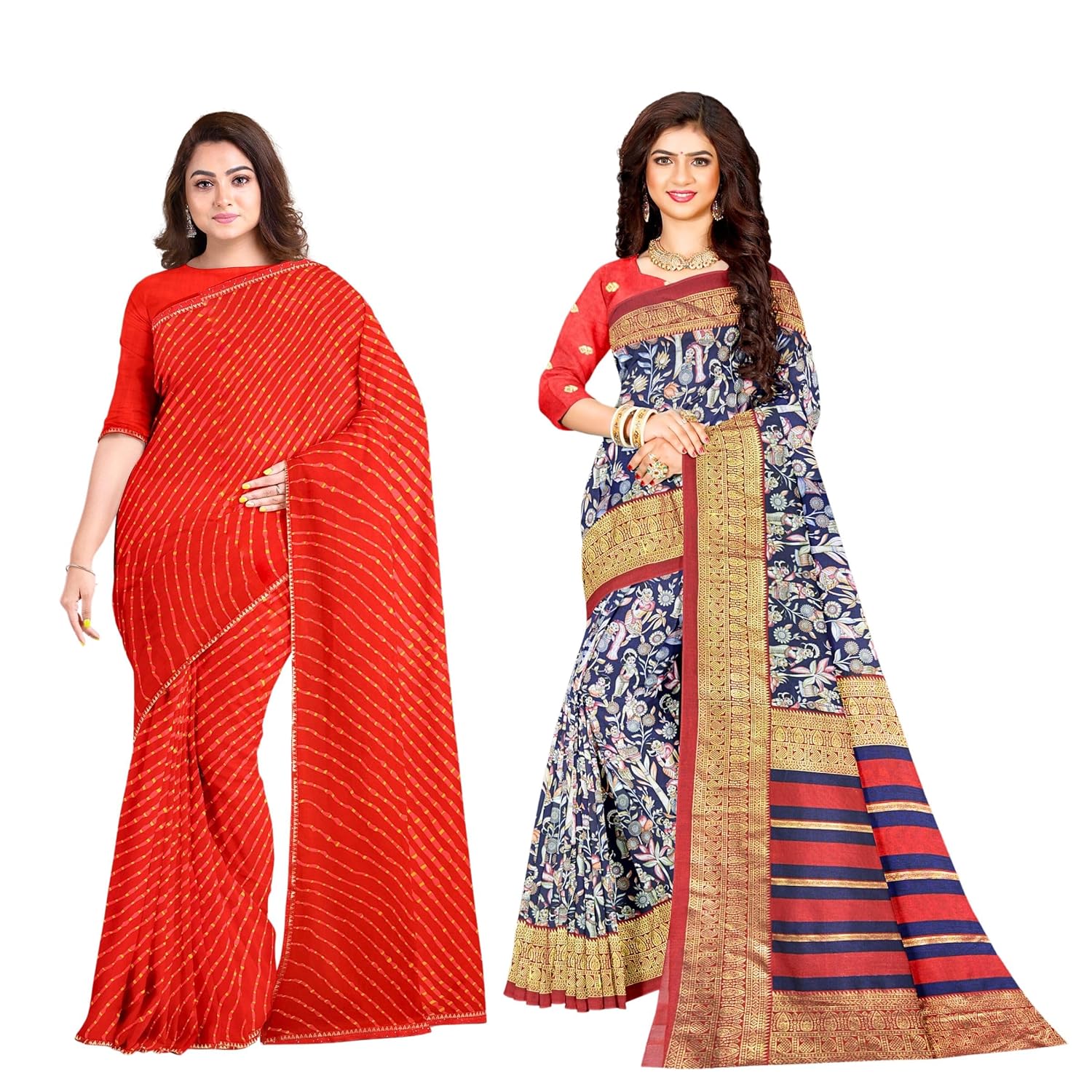 Hira Silk Chiffon and South Cotton Saree with Unstitched Blouse for Women - Pack of 2