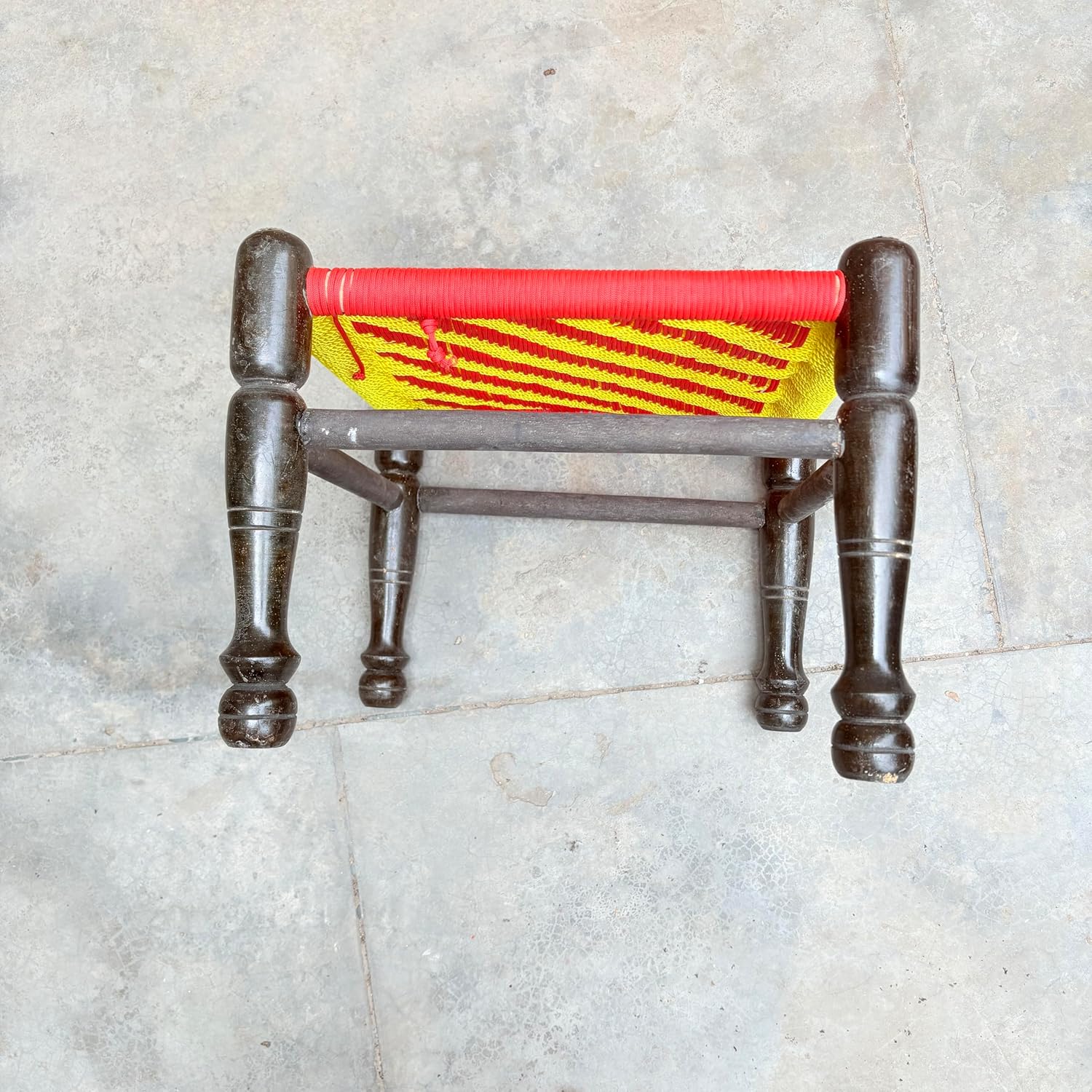 santarms Kid's Wooden Mudda Pidha Chair | Rajwadi Machiya Rest Stool | Strong Rope Woven Pidha, Handmade Khatli Rope Bajot for Pooja