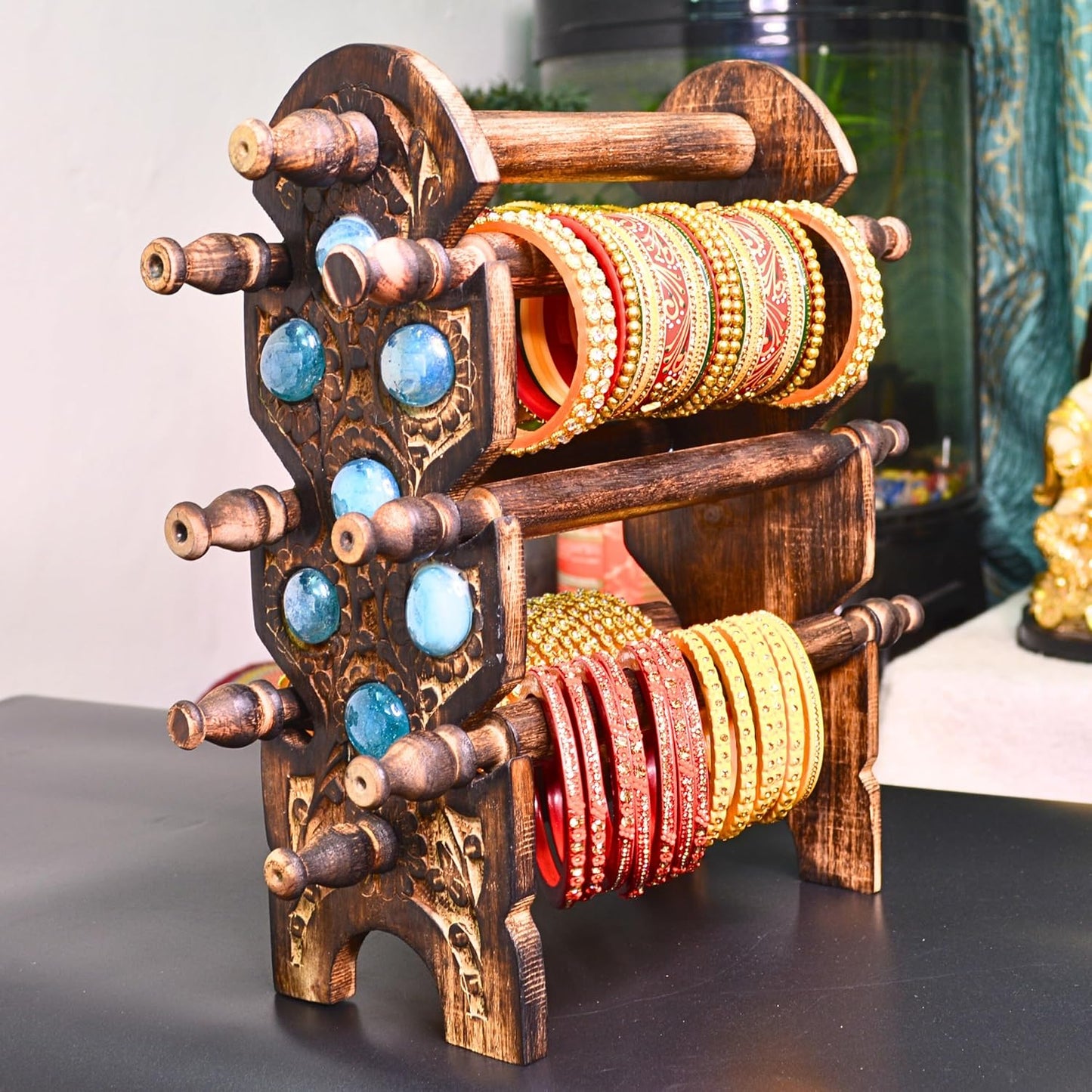 santarms Stylish Wooden Bangle Stand for Women Organizer chudi Holder New churi Bengals Wardrobe Bangles - 6 Rod Bangle Stand