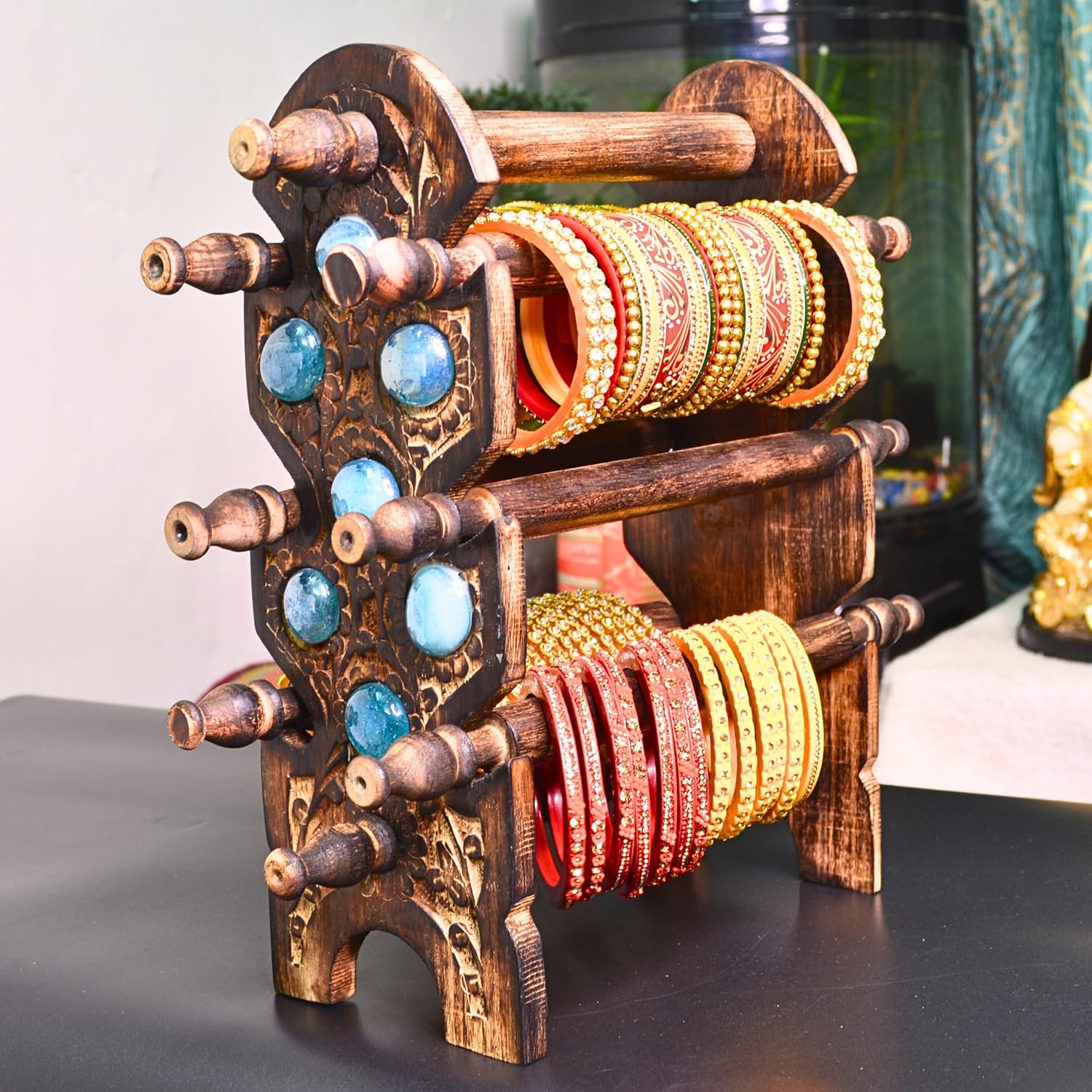 santarms Stylish Wooden Bangle Stand for Women Organizer chudi Holder New churi Bengals Wardrobe Bangles - 6 Rod Bangle Stand